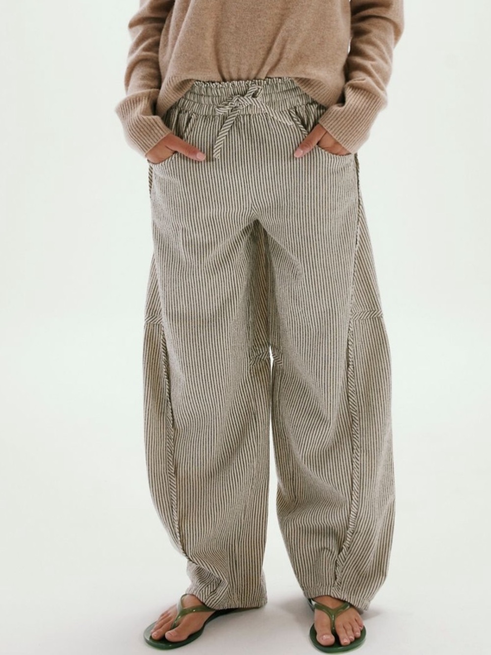 Free People Cream & Black Pinstripe Barrel Drawstring Pants